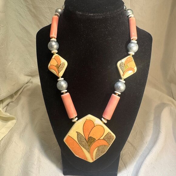 Vintage Jewelry - Vintage Handmade porcelain & bead Necklace With Floral Pendant From Japan